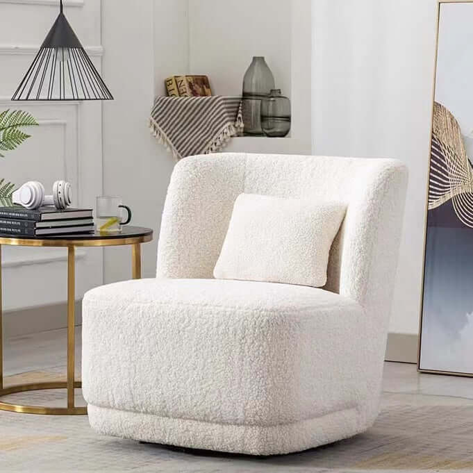 Modern Nordic swivel boucle sherpa chair with high back in white, blue, brown, and yellow colors main product image Main image