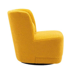 White, blue, brown, and yellow chair with boucle Sherpa fabric and swivel feature