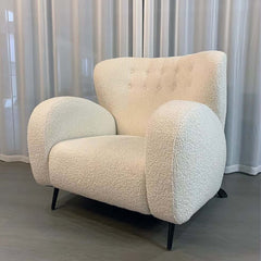 Contemporary modern ivory boucle sherpa accent chair featuring high back, fabric cover for ultimate comfort