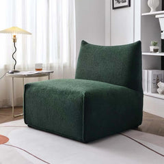 Green boucle sherpa sofa with modern square design and cozy lounge seating