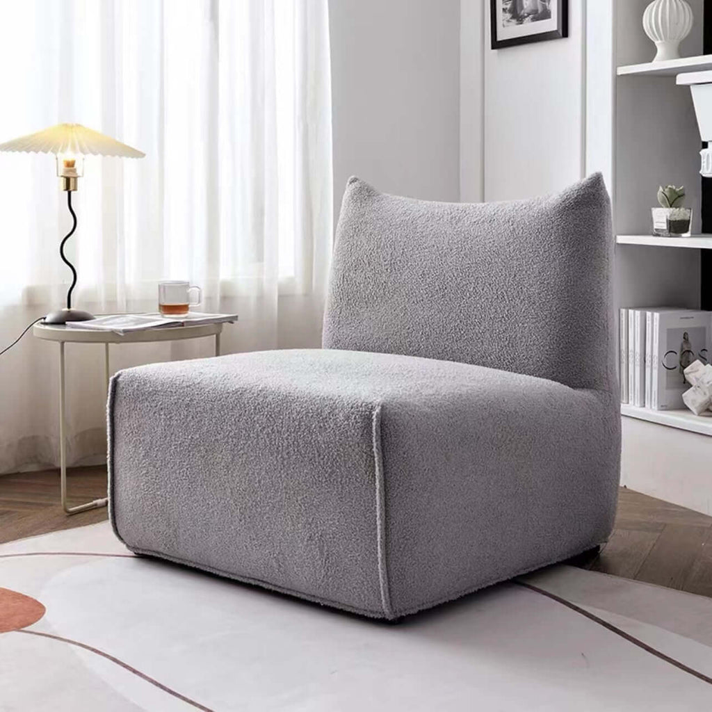 Green modern square boucle sherpa lounge sofa and matching chair with cozy textured fabric