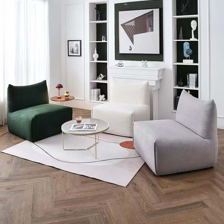 Green modern square boucle sherpa lounge sofa and matching chair with cozy textured fabric