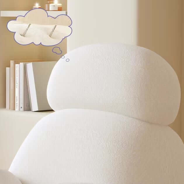 Nordic rocking lounge chair with white, gray, and pink boucle sherpa upholstery and solid wood base