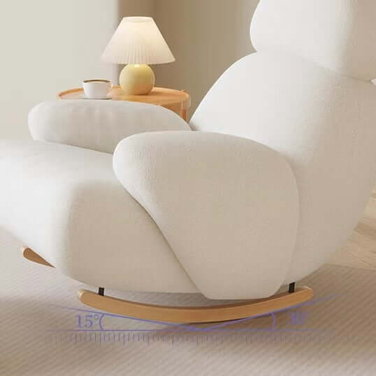 Nordic rocking lounge chair with white, gray, and pink boucle sherpa upholstery and solid wood base