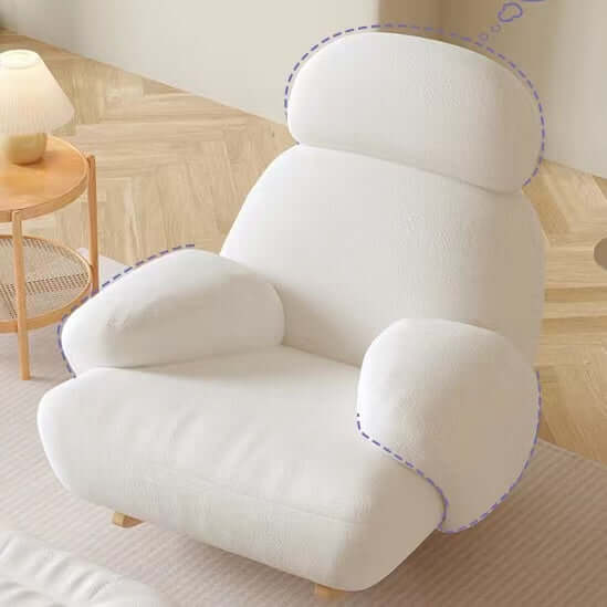 Nordic rocking lounge chair with white, gray, and pink boucle sherpa upholstery and solid wood base