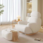 Nordic rocking lounge chair with white, gray, and pink boucle sherpa upholstery and solid wood base