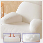 Nordic rocking lounge chair with white, gray, and pink boucle sherpa upholstery and solid wood base