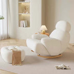 Nordic rocking lounge chair with white, gray, and pink boucle sherpa upholstery and solid wood base main product image