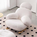 Nordic rocking lounge chair with white, gray, and pink boucle sherpa upholstery and solid wood base