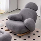 Nordic rocking lounge chair with white, gray, and pink boucle sherpa upholstery and solid wood base