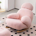Nordic rocking lounge chair with white, gray, and pink boucle sherpa upholstery and solid wood base