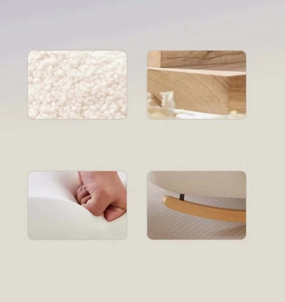 Nordic rocking lounge chair with white, gray, and pink boucle sherpa upholstery and solid wood base