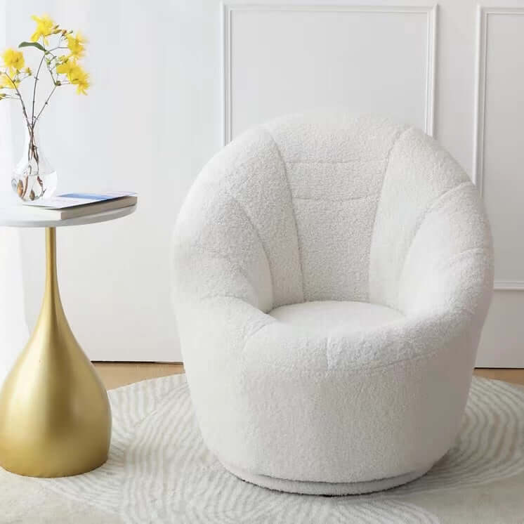 Yellow egg-shaped swivel boucle chair with sherpa upholstery, perfect as a lounge or vanity stool