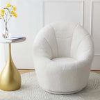 Yellow egg-shaped swivel boucle chair with sherpa upholstery, perfect as a lounge or vanity stool