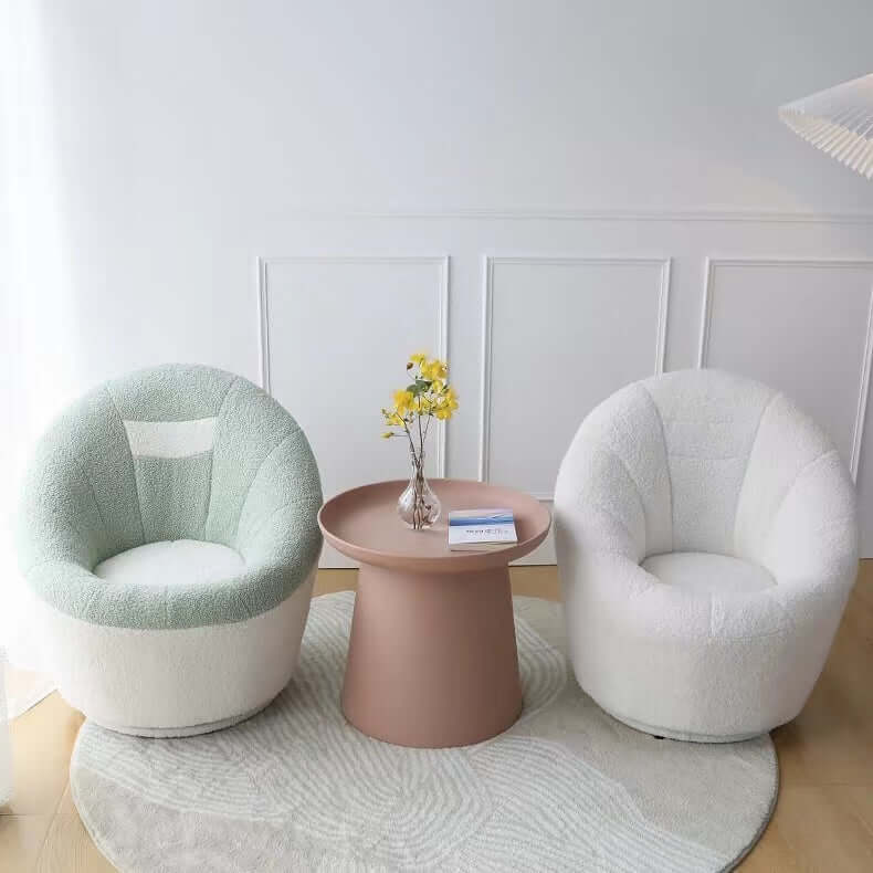 Yellow egg-shaped swivel boucle chair with sherpa upholstery, perfect as a lounge or vanity stool