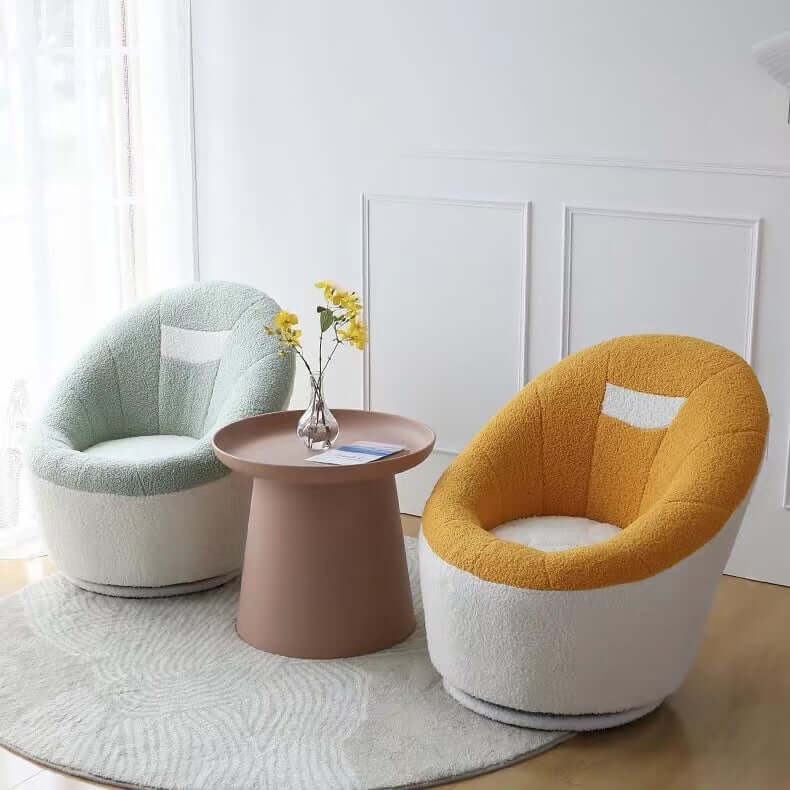 Yellow egg-shaped swivel boucle chair with sherpa upholstery, perfect as a lounge or vanity stool main product image メイン画像