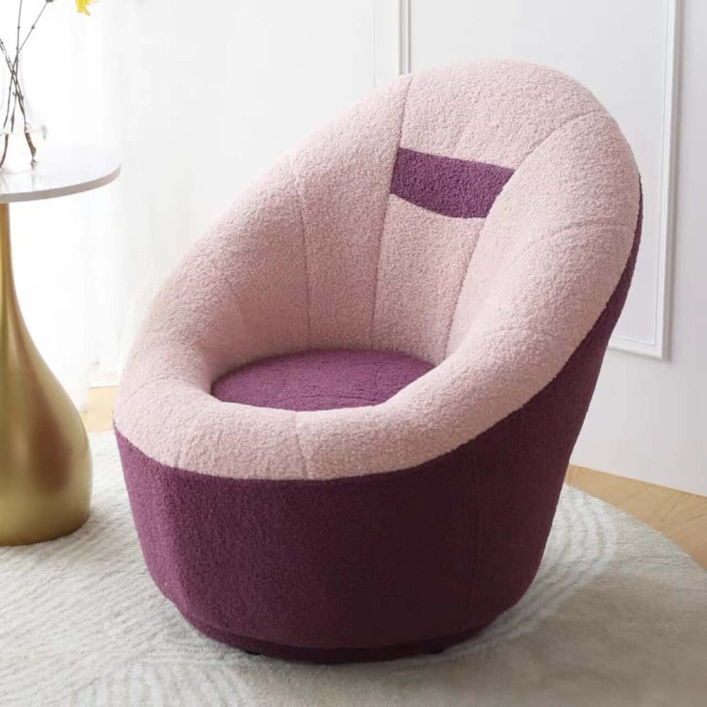 Yellow egg-shaped swivel boucle chair with sherpa upholstery, perfect as a lounge or vanity stool