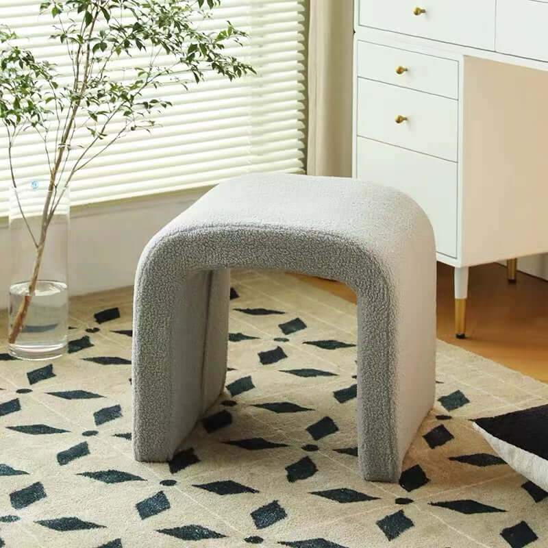 White boucle sherpa vanity stool without back featuring soft textured fabric