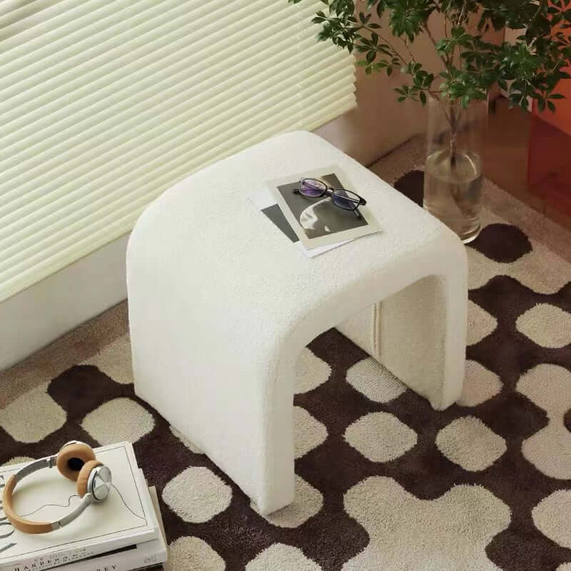 White boucle sherpa vanity stool without back featuring soft textured fabric