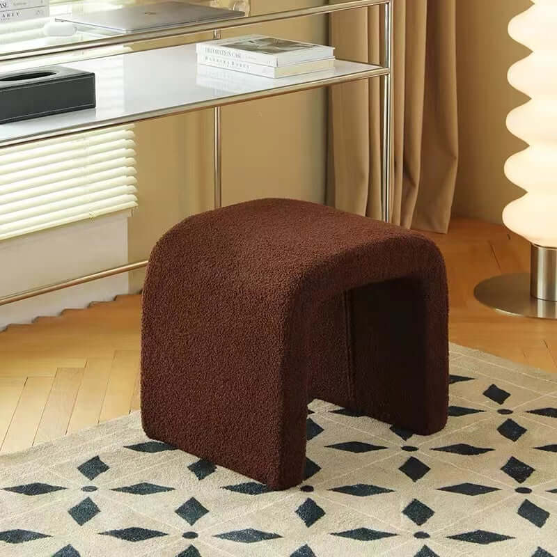 White boucle sherpa vanity stool without back featuring soft textured fabric
