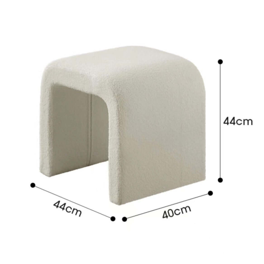 White boucle sherpa vanity stool without back featuring soft textured fabric