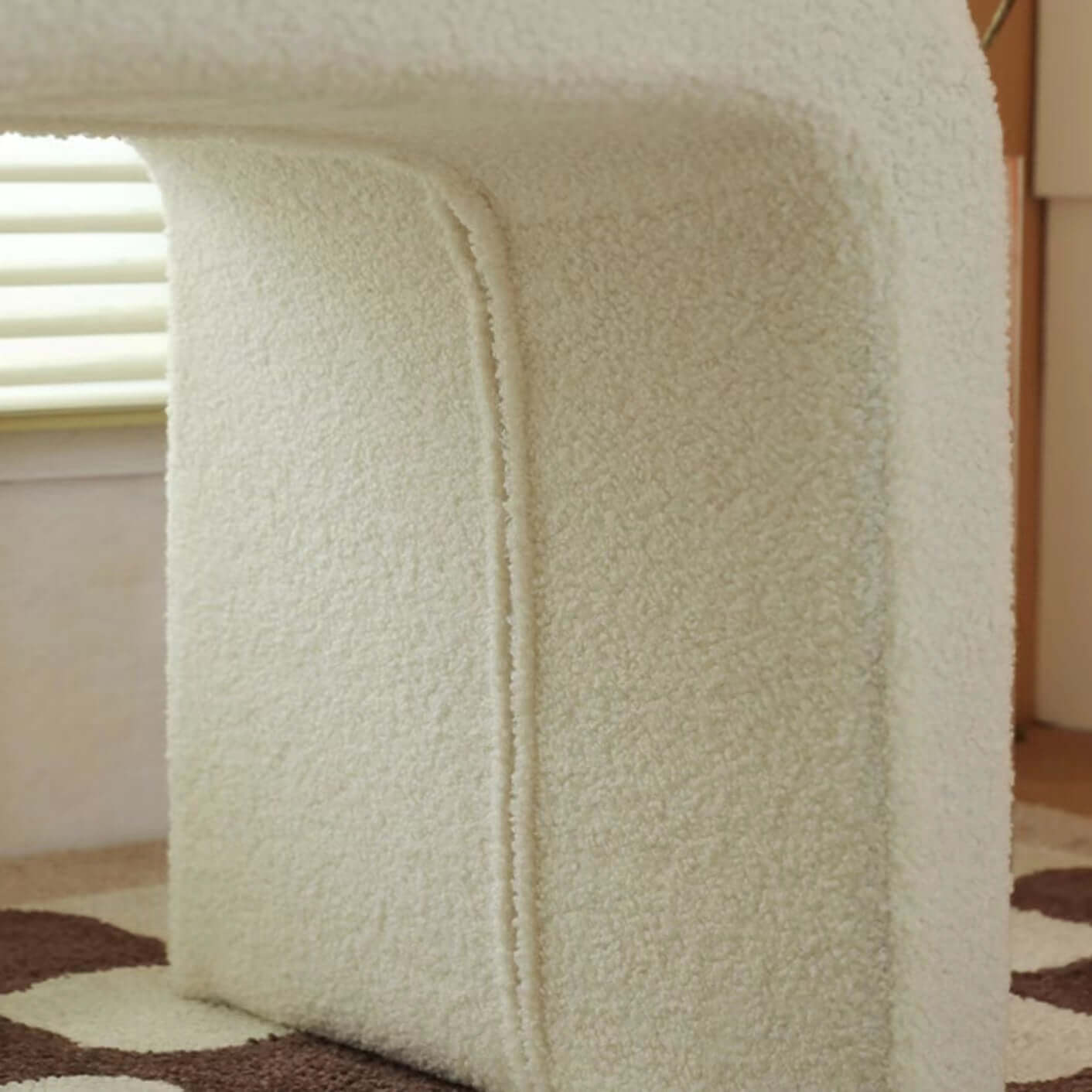 White boucle sherpa vanity stool without back featuring soft textured fabric