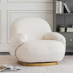 Modern white and pink swivel chair with gold finish stainless steel base, ideal for modern living rooms