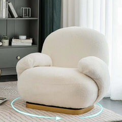 Modern white and pink swivel chair with gold finish stainless steel base, stylish and cozy seating option