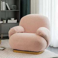 Modern white and pink swivel chair with gold finish stainless steel base, trendy and stylish furniture piece