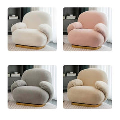 Modern white and pink swivel chair with gold finish stainless steel base, ideal for modern living rooms