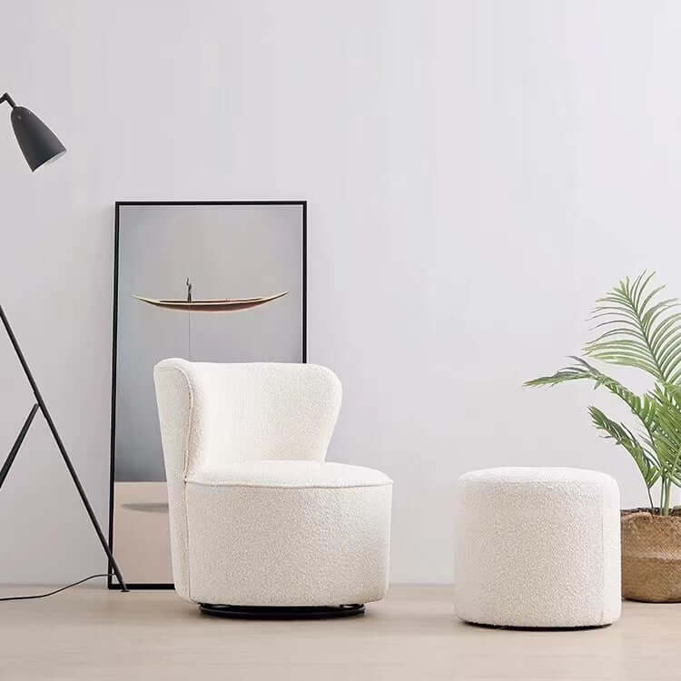 Round Nordic white boucle sherpa vanity stool with swivel and high back for accent seating main product image