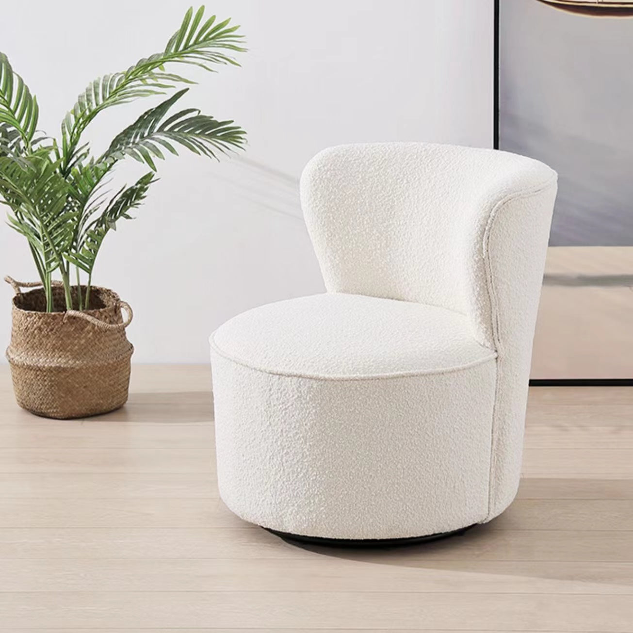 Nordic White Boucle Sherpa Round Vanity Stool Swivel Accent Chair with High Back