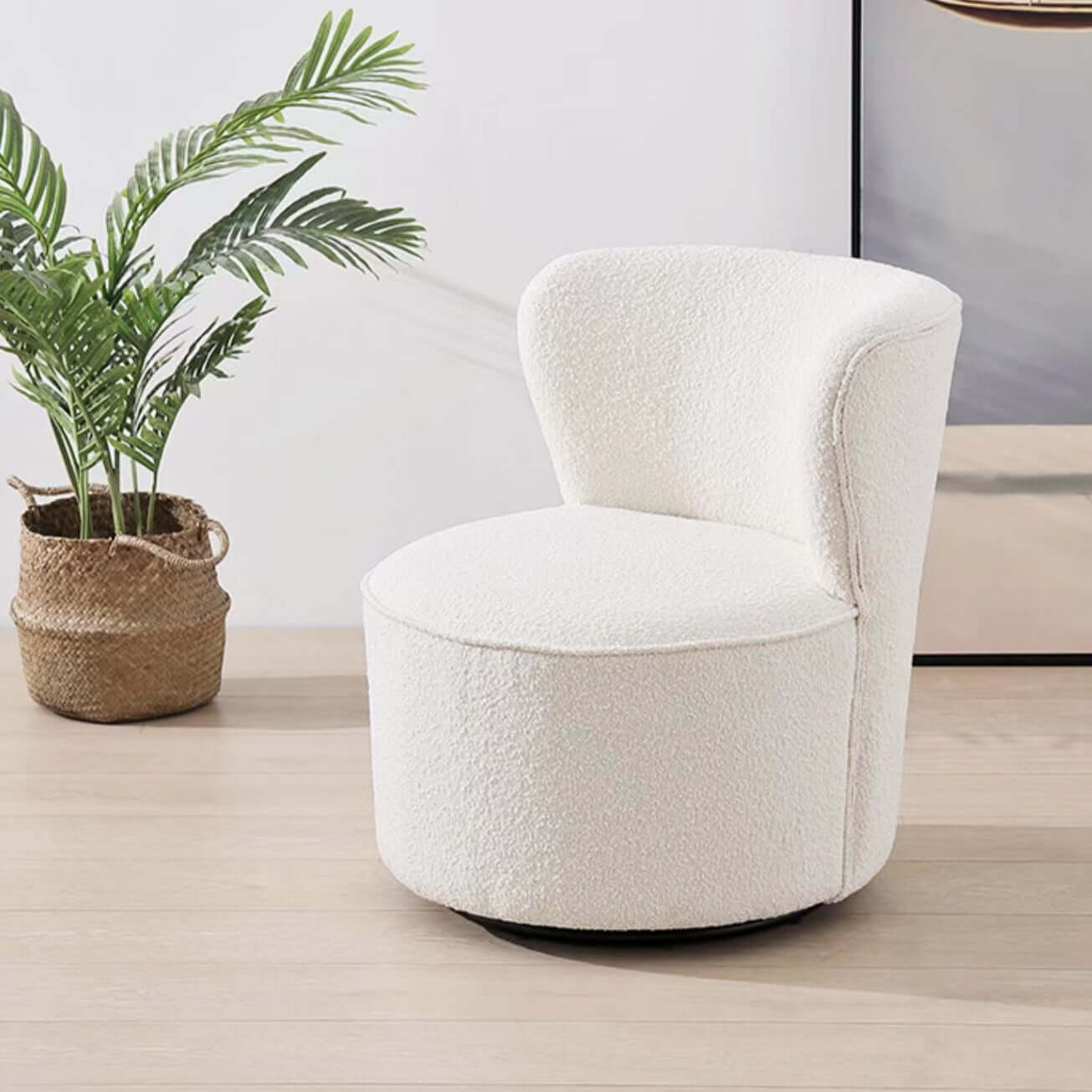 Round Nordic white boucle sherpa vanity stool with swivel and high back for accent seating