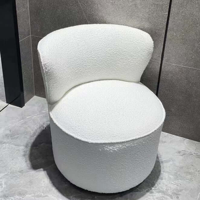 Round Nordic white boucle sherpa vanity stool with swivel and high back for accent seating