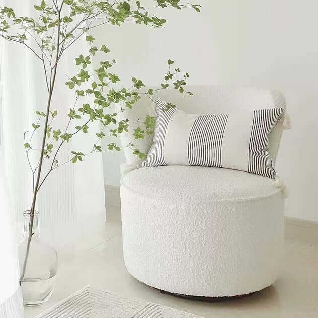 Round Nordic white boucle sherpa vanity stool with swivel and high back for accent seating