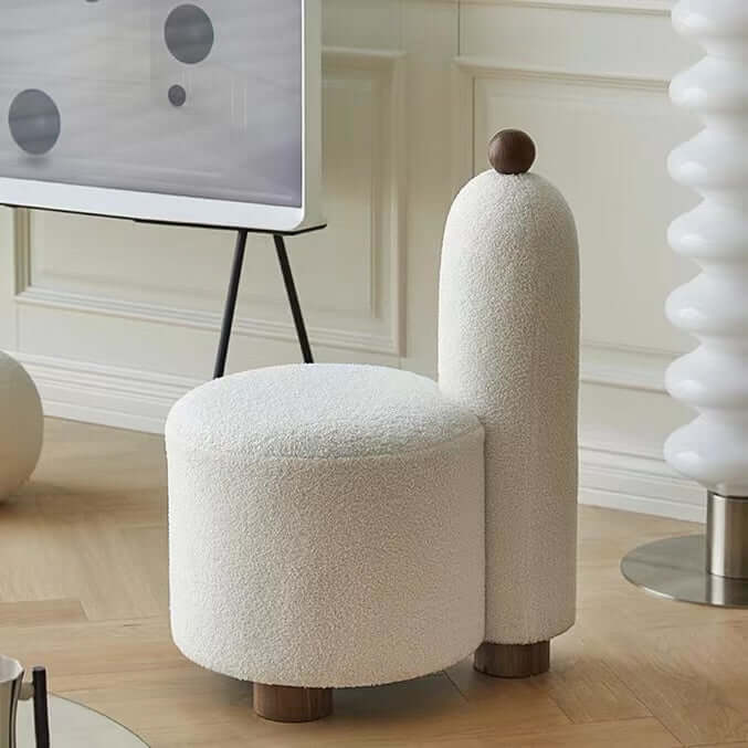 White and pink tripod accent chairs with wood legs and boucle sherpa upholstery main product image メイン画像