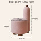 White and pink tripod accent chairs with wood legs and boucle sherpa upholstery