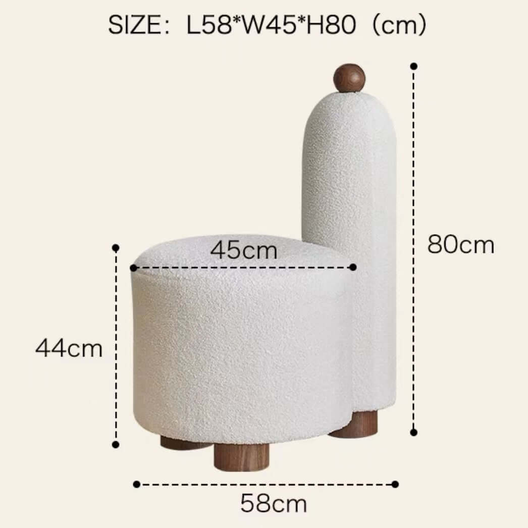 White and pink tripod accent chairs with wood legs and boucle sherpa upholstery