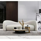 Modern 4-seater curved loveseat upholstered in white boucle sherpa fabric for living room