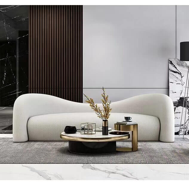 Modern 4-seater curved loveseat upholstered in white boucle sherpa fabric for living room