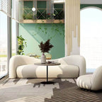 Modern 4-seater curved loveseat upholstered in white boucle sherpa fabric for living room