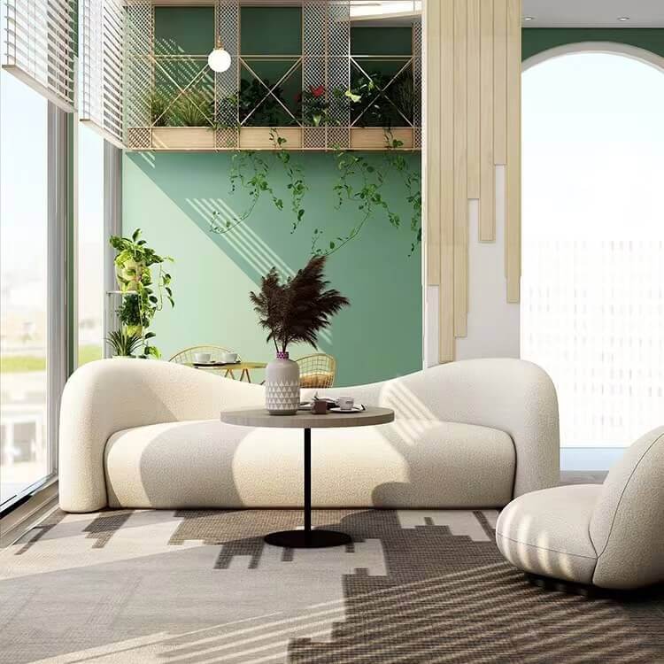 Modern 4-seater curved loveseat upholstered in white boucle sherpa fabric for living room