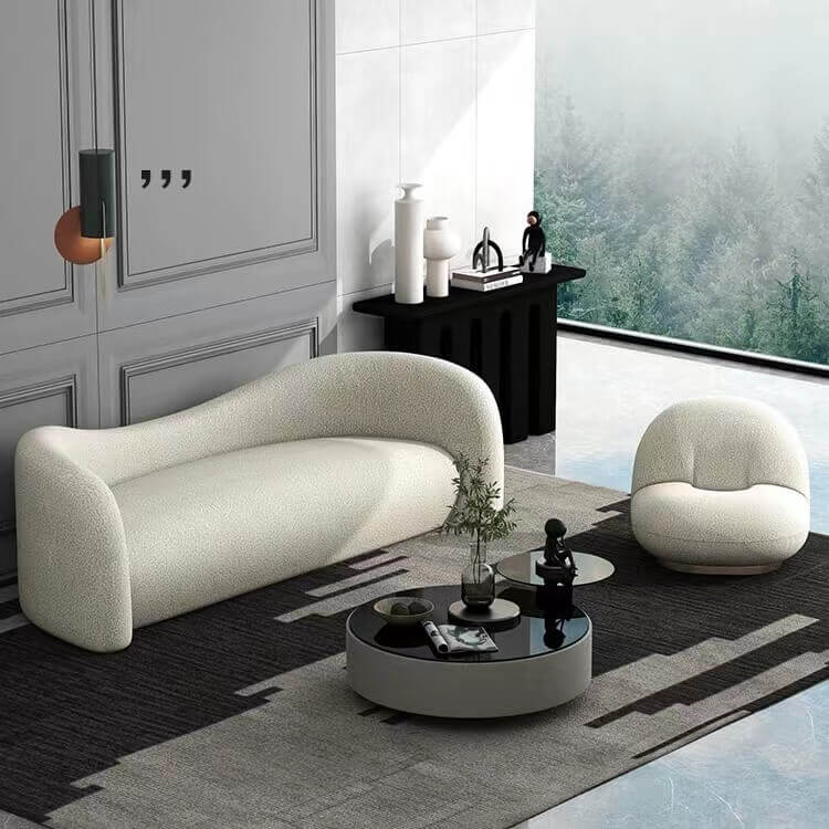 Modern 4-seater curved loveseat upholstered in white boucle sherpa fabric for living room