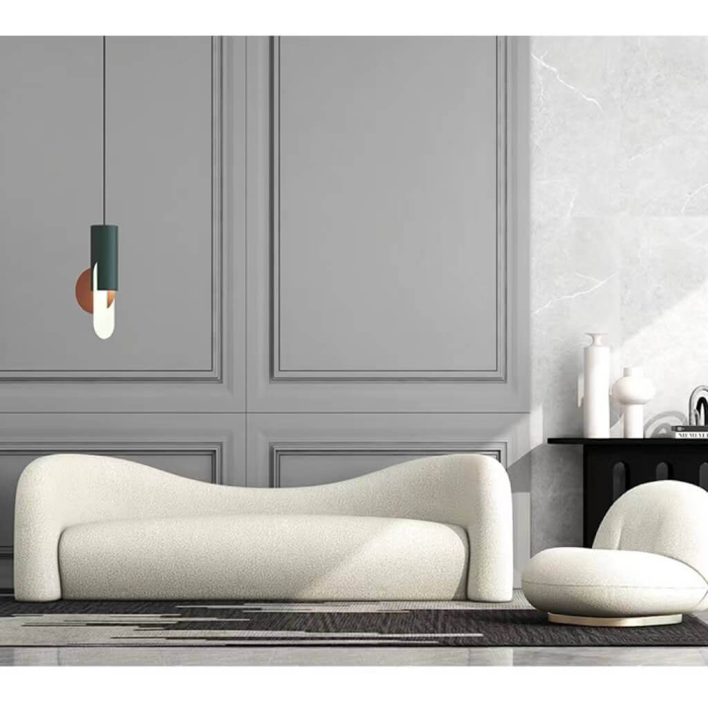 Modern 4-seater curved loveseat upholstered in white boucle sherpa fabric for living room