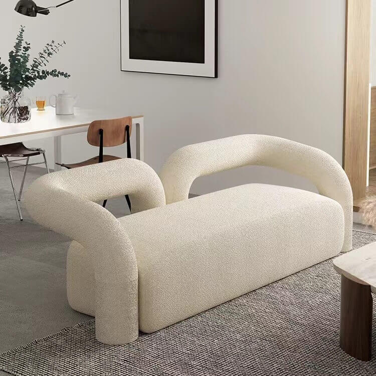 Modern curved sofa upholstered in boucle sherpa fabric with white, gray, yellow, pink, and Tiffany blue colors main product image メイン画像