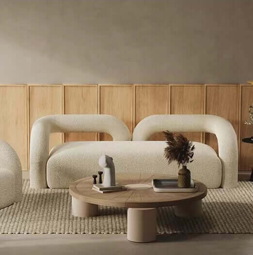 Modern curved sofa upholstered in boucle sherpa fabric with white, gray, yellow, pink, and Tiffany blue colors