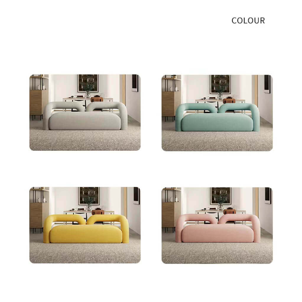 Modern curved sofa upholstered in boucle sherpa fabric with white, gray, yellow, pink, and Tiffany blue colors