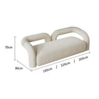 Modern curved sofa upholstered in boucle sherpa fabric with white, gray, yellow, pink, and Tiffany blue colors