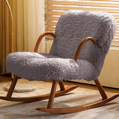 Contemporary Solid Wood Rocking Chair in White Gray Boucle Sherpa Upholstery