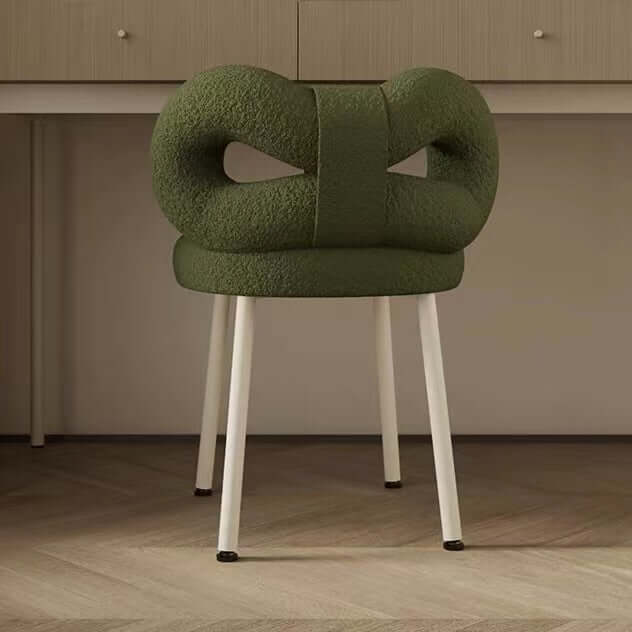 Boucle vanity stool with butterfly-shaped backrest in pink, green, and white colors